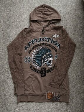 Affliction Brown Hoodie with Blue & Black Graphic